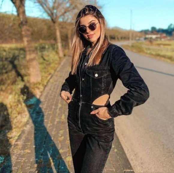 ZARA Black Denim Side Cutout Jumpsuit - Size XS - Picture 3 of 9